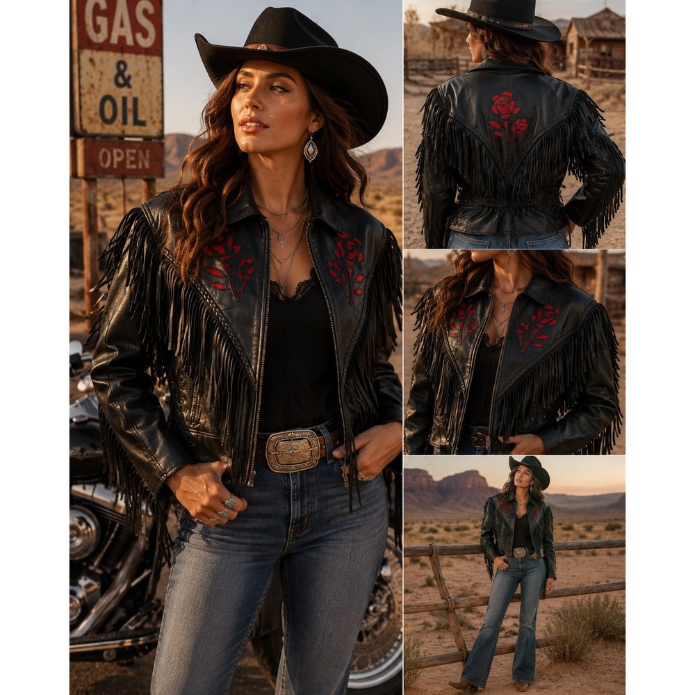 Vintage Motorcycle Western Fringe Leather Red Rose Jacket Festival Rocker Sz L